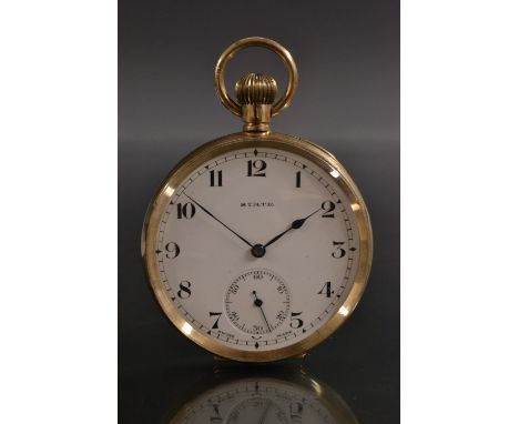 A George V 9ct gold open face pocket watch, white enamel dial, Arabic numerals, minute track, subsidiary seconds, blued hands