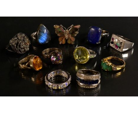 Rings - an emerald and white topaz seven stone dress ring;  others, blue sapphire;  Amber,  Labradorite, mystic quartz, lapis