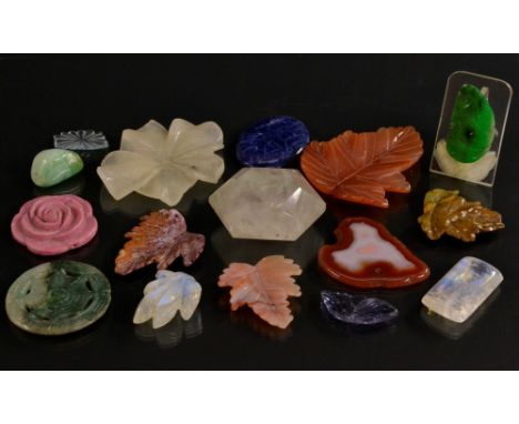 Geology - a carved aquamarine shaped rectangular free form panel;  a carved arched iolite;  hexagonal flourite paperweight;  