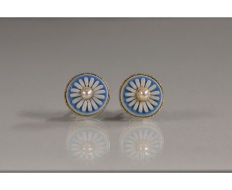 A pair of seed pearl and porcelain floral stud earrings, Wedgwood style jasper floral panel centred with a single pearl, unma