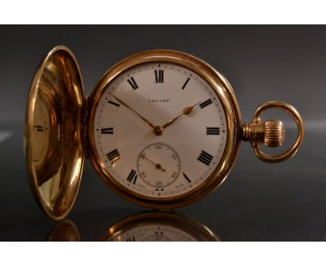 A George V 9ct rose gold hunter pocket watch, Trojan white dial, bold Roman numerals, minute track, subsidiary seconds, spade