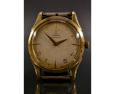 Omega - a vintage 1950s gold plated 2635-6 gentleman's wristwatch, textured dial, unusual double Arabic numerals, quartered b