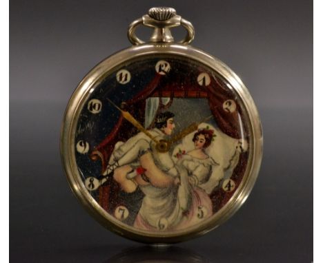 A Swiss erotic open face Doxa pocket watch, painted dial,  figures a bed copulating, Arabic painted numerals, automation seco