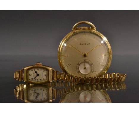 Bulova - a rolled gold plate open face pocket watch, brushed silvered dial, gilt Arabic numerals, minute track, subsidiary se