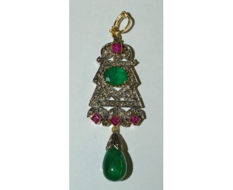 An ruby diamond and emerald drop pendant, shaped open yellow and white metal frame inset with an oval emerald, four square pi