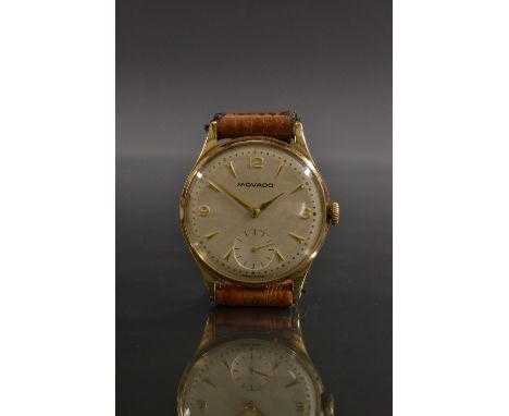 A vintage 1950s Movado 9ct gold cased gentleman's wristwatch, brushed silvered dial, Arabic numerals, arrow batons, minute tr