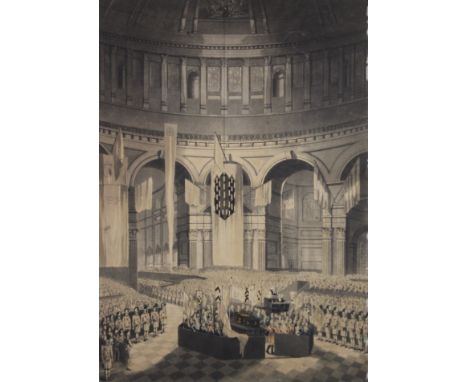 A 19th century print on paper laid on card 'Lord Nelson's Funeral in St Paul's'. 38.5 x 53 cm overall.