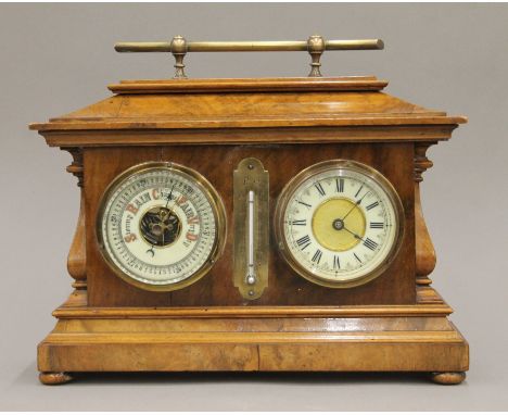 A Victorian walnut-cased clock, barometer and thermometer. 30 cm wide.