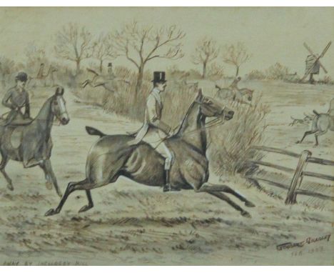 CUTHBERT BRADLEY (1861-1943), 'Away by Ingoldsby Mill' (hunting scene), pen and ink, signed and dated Feb 1903, framed and gl