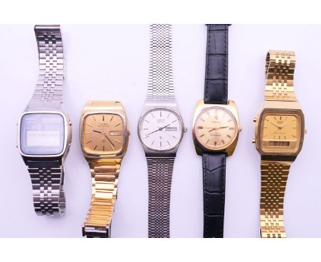 Five vintage gentleman's wristwatches, comprising: a Seiko LCD A127-5010, a Seiko Quartz H601-5240, a Seiko Twin Quartz 9923-