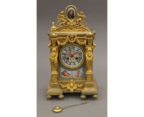 A 19th century painted porcelain mounted ormolu mantle clock. 35.5 cm high.