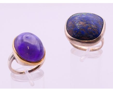 Two contemporary rings, one silver and azurmalachite, ring size K, the other silver, gold and amethyst, ring size M.