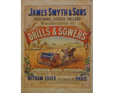A framed advertising print for James Smyth & Sons Drills and Sowers. 62.5 x 77 cm overall.