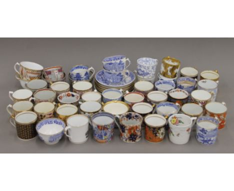 A collection of various Miles Mason porcelain cups, saucers, tea bowls, various sizes. 