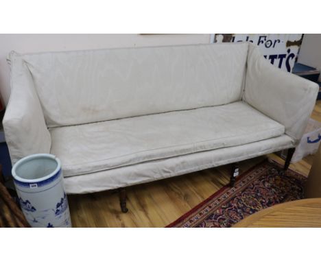 A Regency mahogany settee, with ring turned tapered legs W.196cm