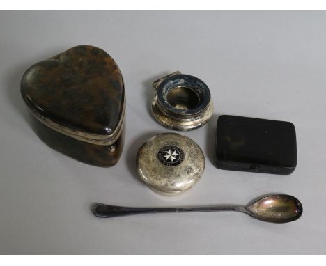 A silver and tortoiseshell heart shaped box (a.f.), two silver and enamel inkpot lids, a tortoiseshell snuff box and a silver