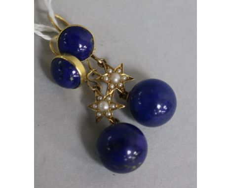 A pair of early 20th century gold, seed pearl and lapis lazuli drop earrings.