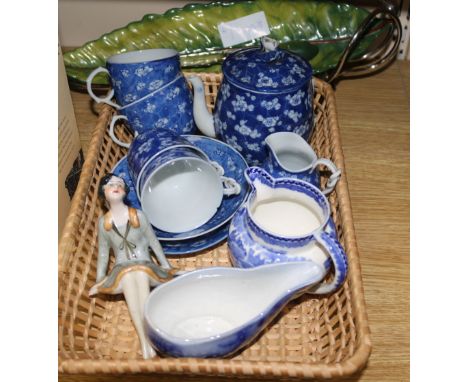 A quantity of mixed blue and white ceramics, A Deco pin dolly and a Carlton ware dish