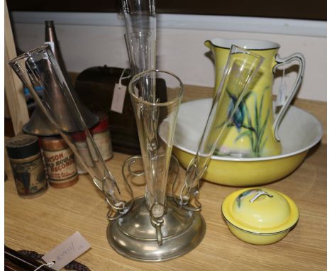 A plated four-glass epergne and a part toilet set decorated with kingfishers