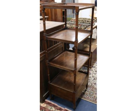 A Regency mahogany whatnot, with ring turned uprights, W.46cm