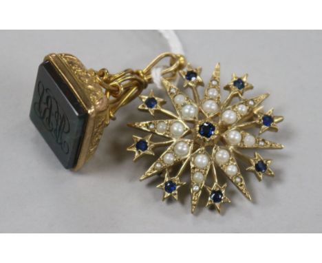 An Edwardian 9ct gold and bloodstone fob seal and a 9ct gold seed pearl and sapphire brooch.