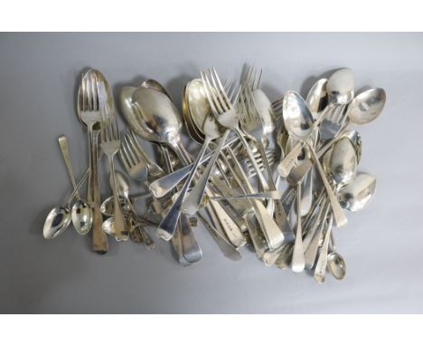 A George IV silver thirty six piece Old English pattern part canteen of flatware, London, 1827/8. maker's differ and four sma