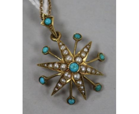 An Edwardian 15ct gold, seed pearl and turquoise starburst pendant, on a fine link chain.