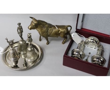 A Peruvian silver (925) bell with llama finial and sundry other items, including a pair of Spanish Don Quixote and Sancho Pan