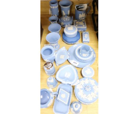 A collection of modern Wedgwood blue jasperware, including decorative covered trinket and other boxes, vases, variously-shape