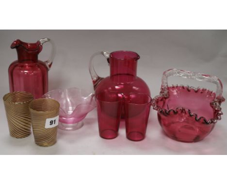 A quantity of cranberry and other glassware