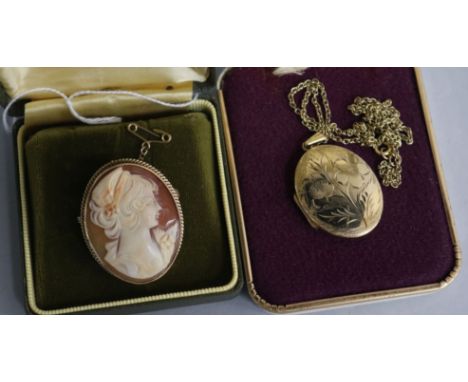 A 9ct gold oval leaf engraved locket, on chain and a 9ct gold carved cameo portrait brooch.