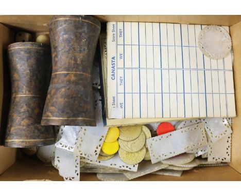 A collection of 19th century Chinese export engraved mother of pearl bezique counters and other gaming pieces