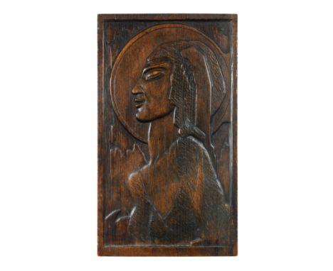 Thomas Symington Halliday (Scottish, 1902 - 1998), a carved oak portrait relief,the carved torso in portrait form, carved sig