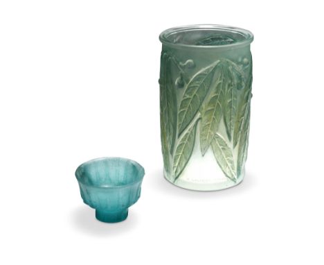 Laurier, an R. Lalique opalescent and blue stained glass vase,the cylindrical body moulded in relief with a design of bay lea