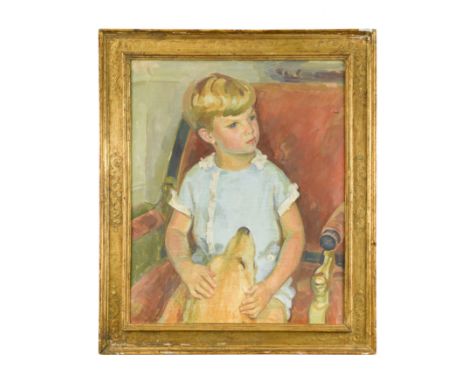 § Henry Lamb MC, RA (British 1883-1960)Portrait of a young boy, three-quarter length, seated, stroking a dog's head signed an