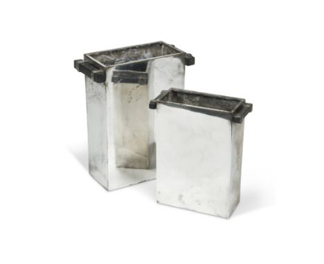 Maison Desny, Paris, two graduated silver plated vases, circa 1930,of rectangular form with stained wood handles, stamped 'De