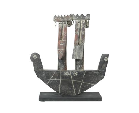§ John Maltby (British, 1936-2020), Royal Barge, 2007,a stoneware model of a stylised king and queen in a boat mounted on a b