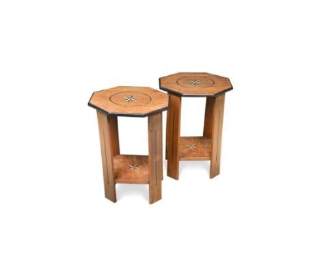 A pair of Art Deco side tables,each of octagonal form inlaid with compass motif 42 x 31cm