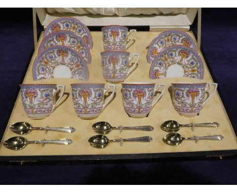 A Royal Worcester Bone China Coffee Service in a fitted black &amp; gilt tooled case with ivory silk interior, date code 1933