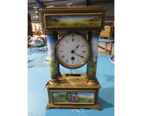 A 19thc French porcelain and gilt metal Mantel Clock, white enamel dial with hand painted panels and columns, Japy Freres 8-d