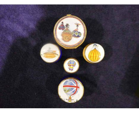 Five enamel and gilt and metal pill boxes, all with ballooning theme, one by Royal Worcester and four by Crummles (four boxed