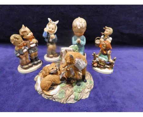 Four Hummel/Goebel Children, (three as found), a Goebel Boy Praying, a Goebel Family of Foxes (6) 