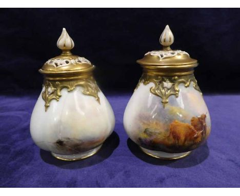 A pair of George V Royal Worcester Pot Pourri Vases and Covers, lobed design, hand painted with Highland Cattle scenes by H S