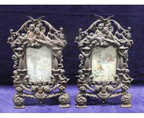 A pair of Victorian Rococo style coppered cast iron Architectural Easel Frames, Reg Number 553836, classically decorated feat