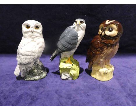 Three Royal Doulton Whyte and Mackay Scotch Whisky Birds of Prey: Snowy Owl, Tawny Owl and Merlin, each 17cm high (3) 