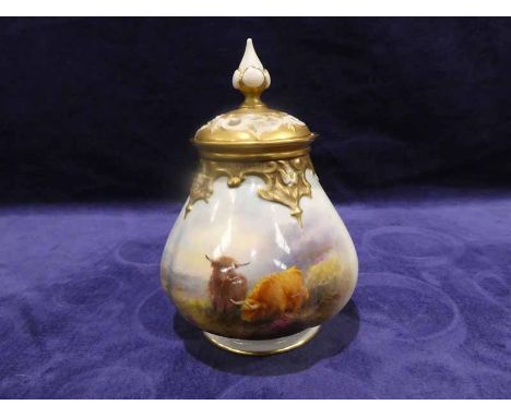 A George V Royal Worcester Pot Pourri Vase and Cover, lobed tapering form, hand painted Cattle by Harry Stinton, beneath a gi