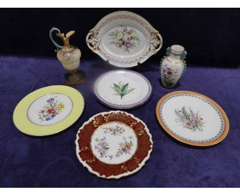 Seven items of late 19th/early 20th century porcelain, all hand painted with flowers, most by Royal Worcester, a two-handled 