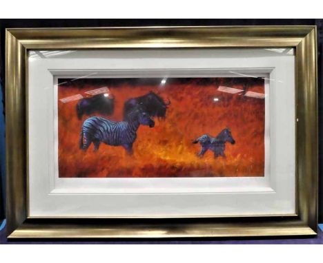 Rolf Harris, a signed Limited Edition 170/195 Print of Zebra and Wildebeest on an orange background, with certificate, 36cm b