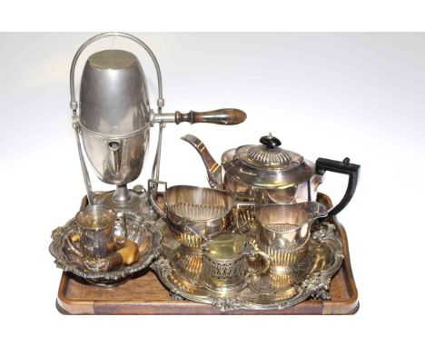 Tray of silver plated ware including tray, three piece tea set and horn walking stick handle