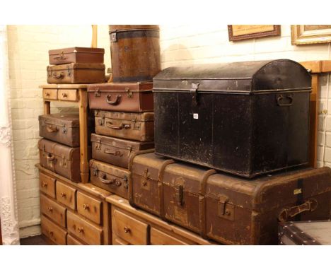 Enamel flour bin and collection of ten vintage trunks and cases